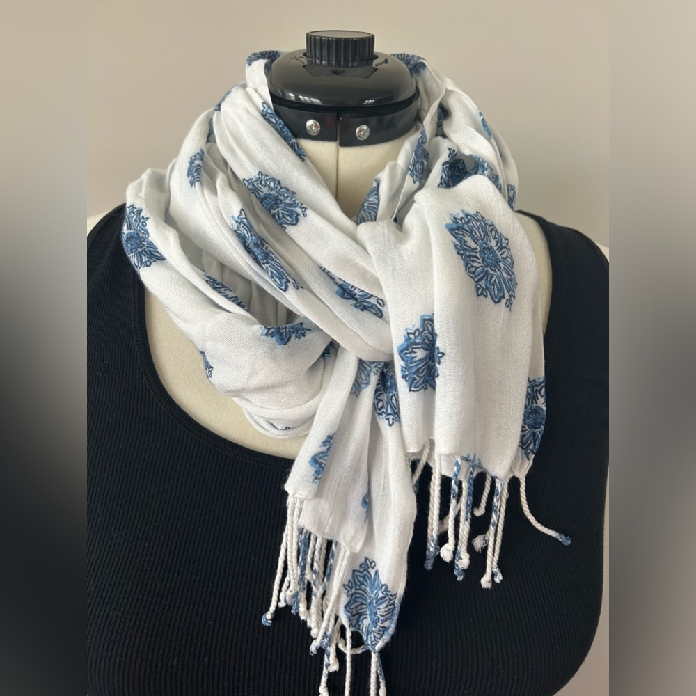 White with Blue Flowers Scarf - Picture 1 of 4